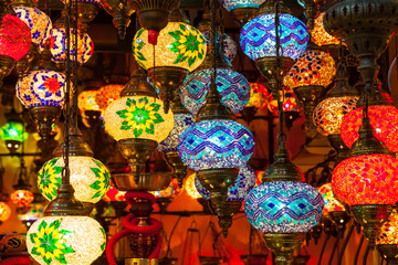 Multi-colored lamps hanging at the Grand Bazaar in Istanbul.