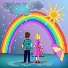 Obraz na płótnie Canvas girl, boy , rainbow illustration