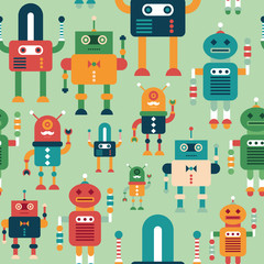 Seamless pattern with colorful funny robots.