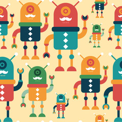 Colorful seamless pattern with happy hipster robots.