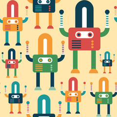 Colorful seamless pattern with friendly robots.