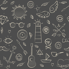 Hand drawn hipster seamless pattern over brown