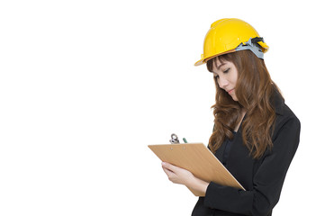 Female engineering with hold clipboard paper report document