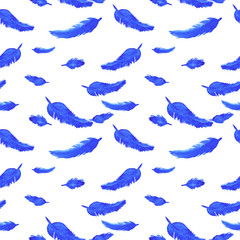 Fototapeta premium Blue feathers on white background seamless pattern