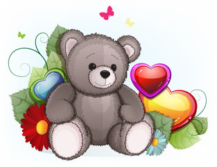 Gray teddy bear with Valentines Day hearts