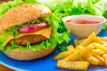 Hamburger and fries