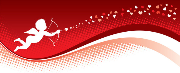 Valentine red banner with cupid shooting hearts