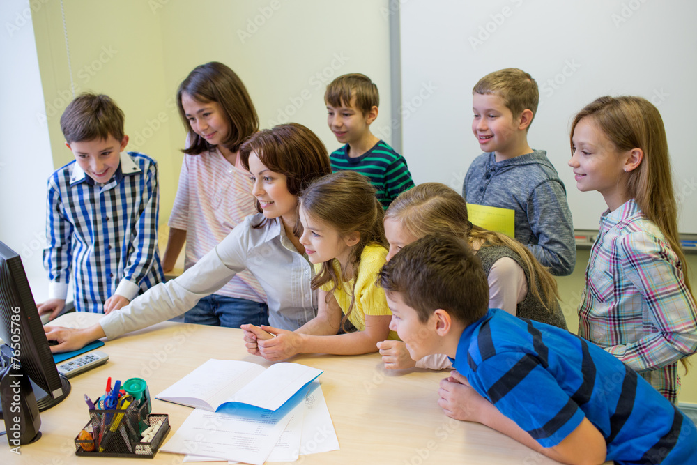 Canvas Prints group of kids with teacher and computer at school