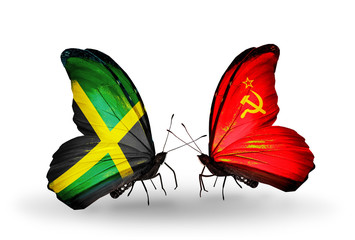 Two butterflies with flags Jamaica and Soviet Union