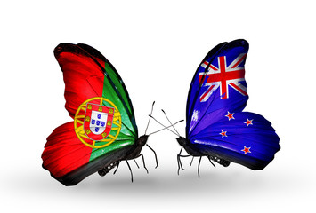Two butterflies with flags Portugal and New Zealand