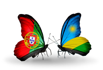 Two butterflies with flags  Portugal and  Rwanda