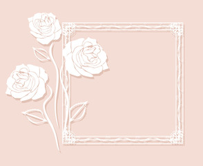 Ornamental frame with stylized roses on the pink background