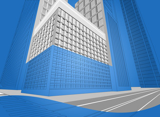 Fototapeta na wymiar Wireframe urban city on a blue background