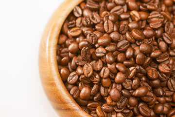 Fragment Shot of wooden Brown Bowl With Roatsed Aromatic Coffee