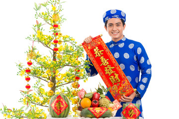 Man with Tet decorations