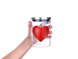 Hand hold Red hearts in glass jar with aluminum lid isolated on