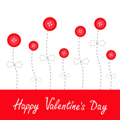 Red button flowers Dash line stem  Flat design  Valentines day