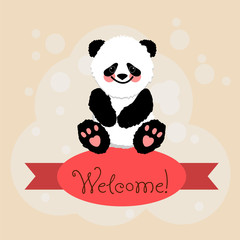 Card with the inscription on the tape Welcome and animals panda