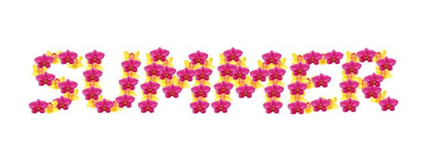 The word Summer spelt out with orchid flowers isolated on white