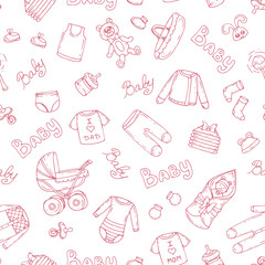 Vector pattern with symbols of newborn girl on white color