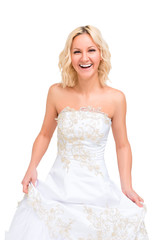 Fototapeta na wymiar laughing woman in a wedding dress posing