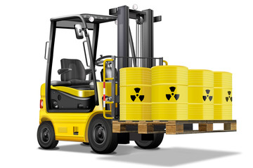 Gabelstapler mit Atommüll. Gelb, scharz, freigestellt