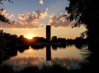 Panarama  town on Sunset with reflection in river