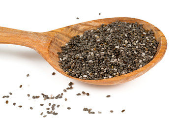 chia seeds in a wooden spoon isolated on white