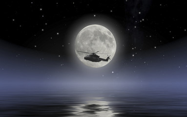 Army helicopter scouting on sea during full moon night
