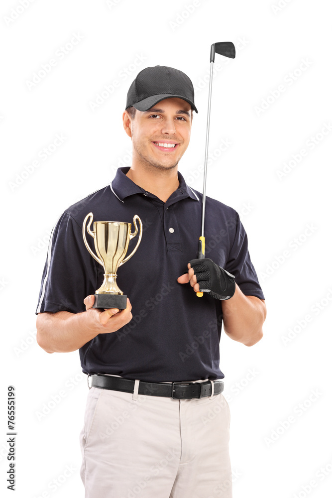 Canvas Prints Male golfing champion holding a gold cup