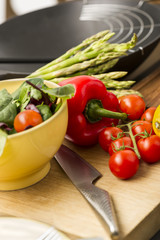 Fresh salad ingredients waiting to be prepared