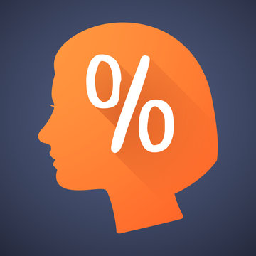 Female head silhouette icon with a discount sign