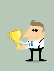Happy Cartoon businessman with trophy