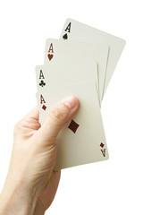 Playing cards in hand isolated on white background