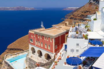 Architecture of Fira town on Santorini island, Greece