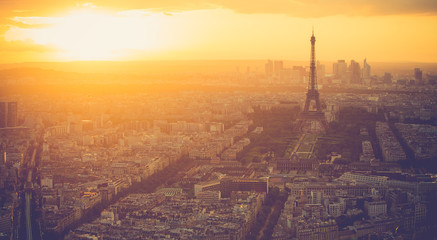 Sunset at Eiffel Tower in Paris with vintage filter