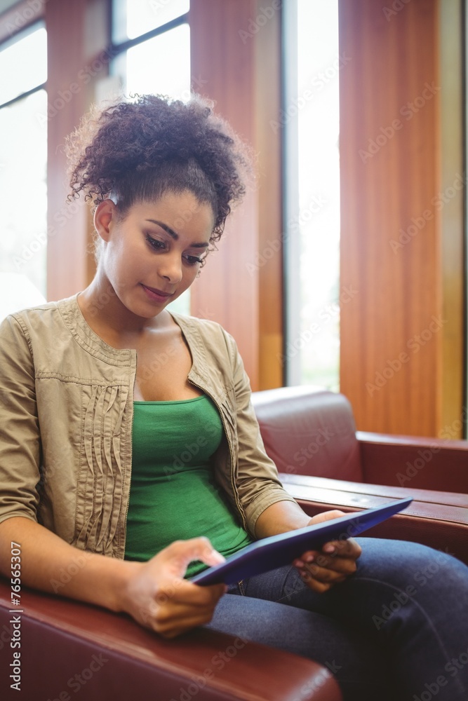 Poster smiling student sitting on sofa using her tablet pc