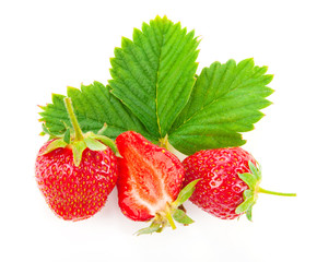 fresh cut strawberry with leaf macro isolated on white