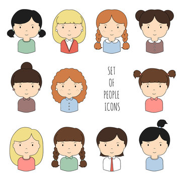 Set of colorful female faces icons. Funny cartoon hand drawn
