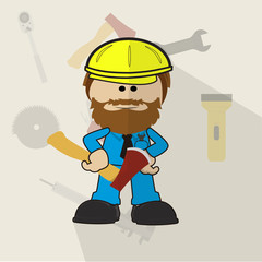 Helmeted bearded lumberjack holding his ax