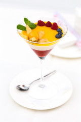 line dessert with fruits in glass