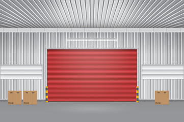 Roller door or roller shutter. Also called security door or security shutter. For protect residential, commercial and industrial building i.e. house, factory, warehouse, hangar. Vector illustration.