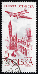 Postage stamp Poland 1954 Plane over Gdansk