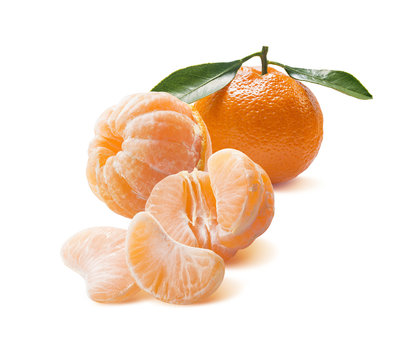 Mandarin with leaves and slices isolated on white  for design