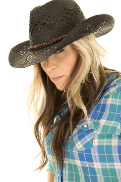 cowgirl blue shirt black hat close look