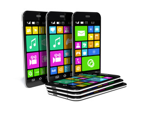 Six smartphones with a variety of software applications.