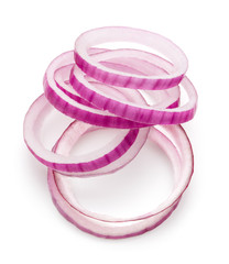 Sliced red onion rings isolated on white background cutout