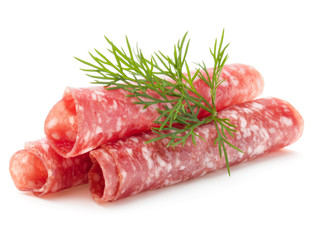 Salami sausage slices isolated on white background cutout