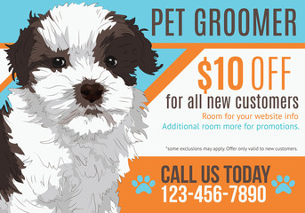 Cute puppy advertising pet grooming salon postcard with coupon - 76584742