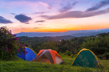 Camping tent in campground at national park with sunrise